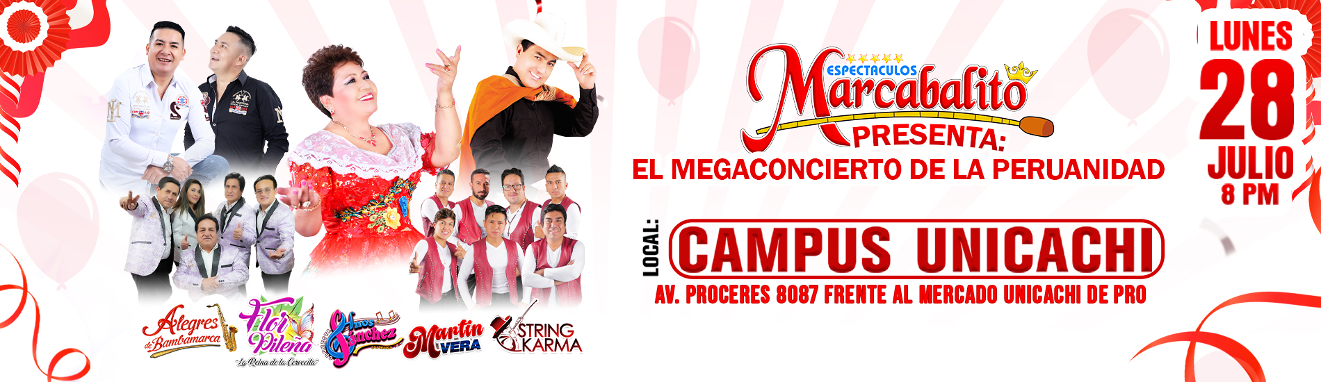 Espectaculos Marcabalito presenta Megaconcierto de la Peruanidad con String Karma, Flor Pileña y más en el Campus Unicachi