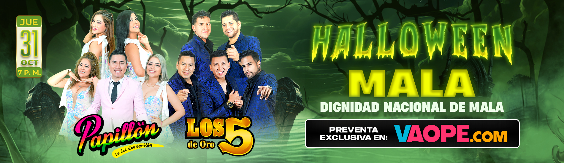 Noche de Halloween con Papillon y Los 5 de Oro en Mala