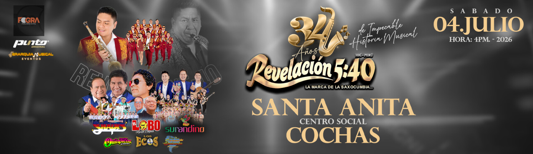Revelación 5:40 Celebra 34 años con El Lobo, Surandino y otros artistas más en Centro Social Cochas
